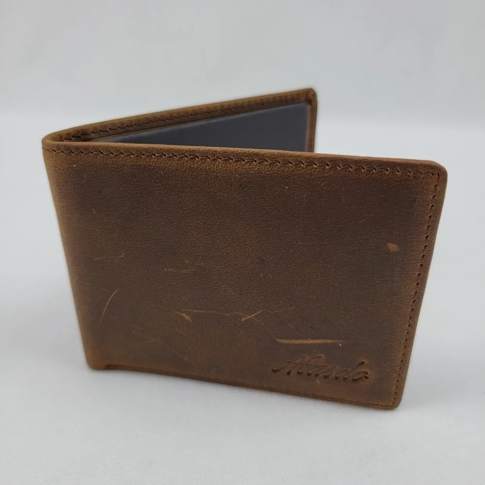 NWT distressed mens brown leather bifold wallet. 2 hidden card slots